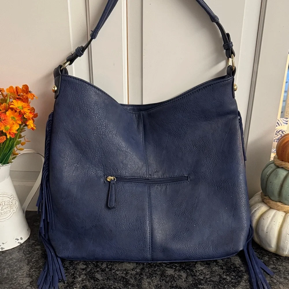 Navy Studded Hobo Bag with Tassel Accent